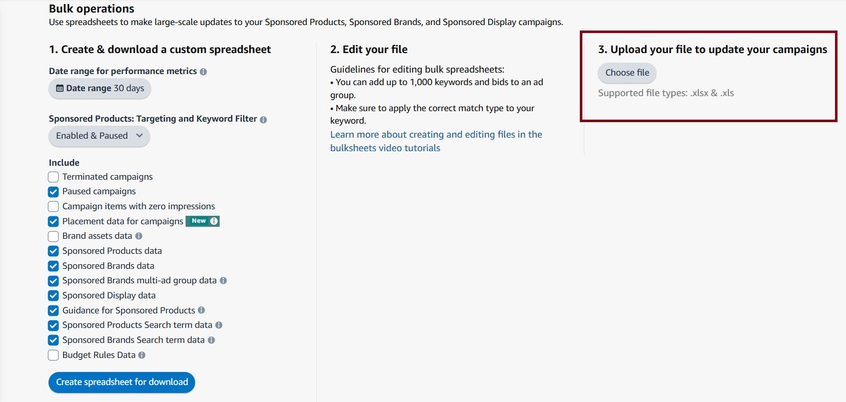 Amazon Bulk operations interface showing options to create, download, edit, and upload campaign spreadsheets.
