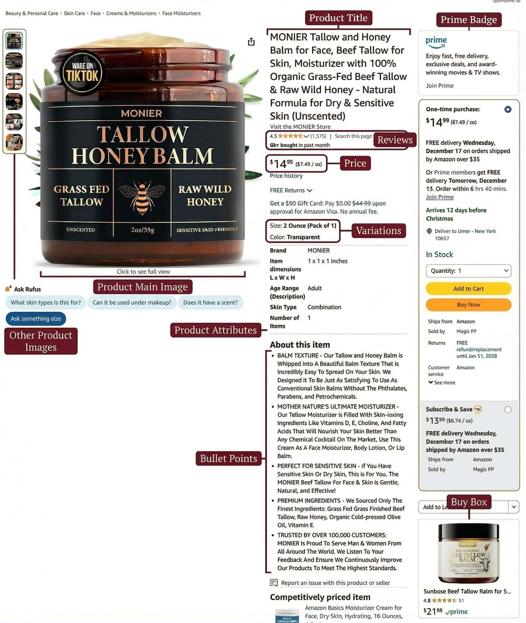 An Amazon product page for MONIER Tallow and Honey Balm, showing product details and price.
