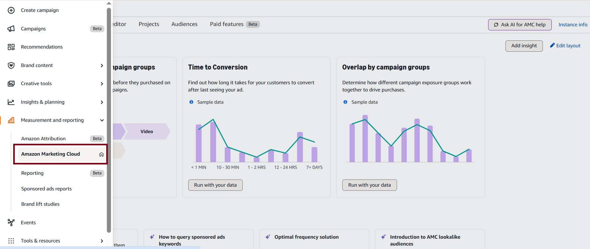 Amazon Marketing Cloud dashboard displaying marketing analytics, including time to conversion and campaign overlap charts.