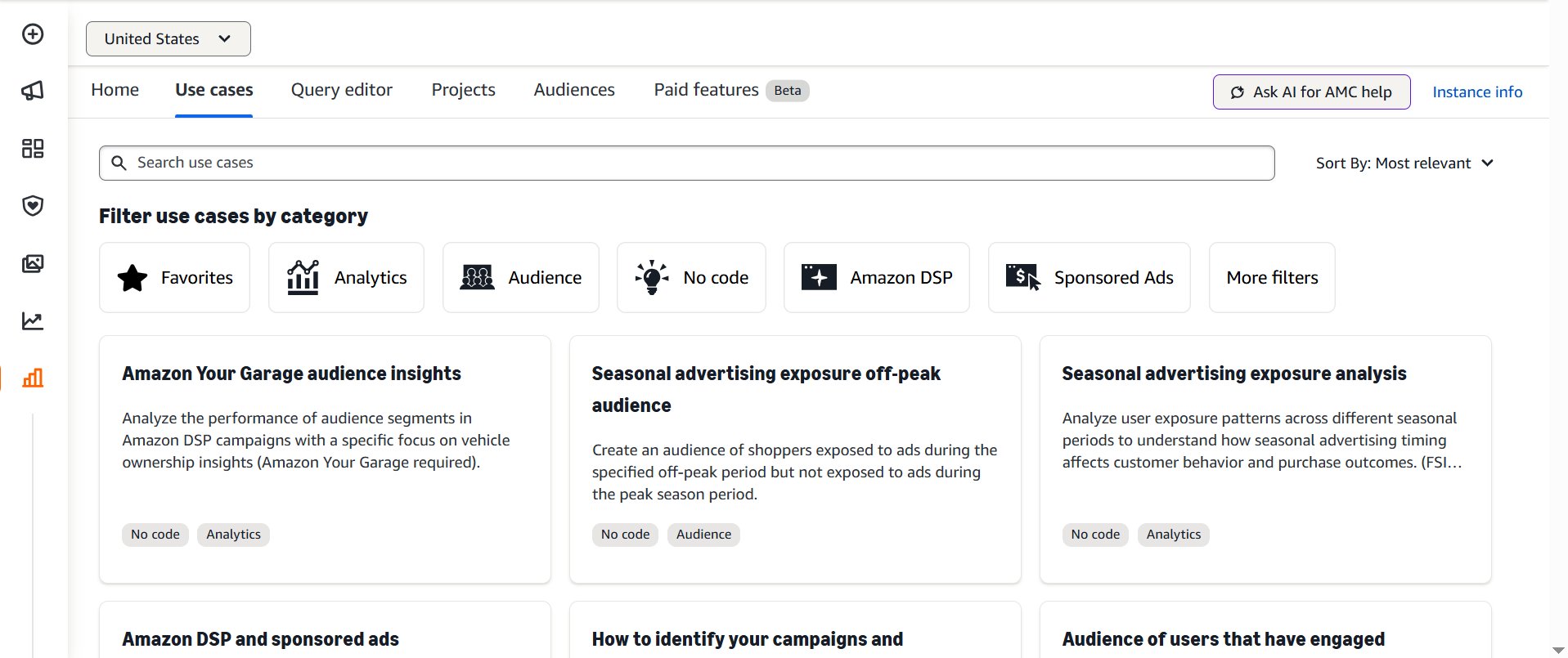 Screenshot of Amazon Marketing Cloud use cases page, showing filter categories and various use case cards.