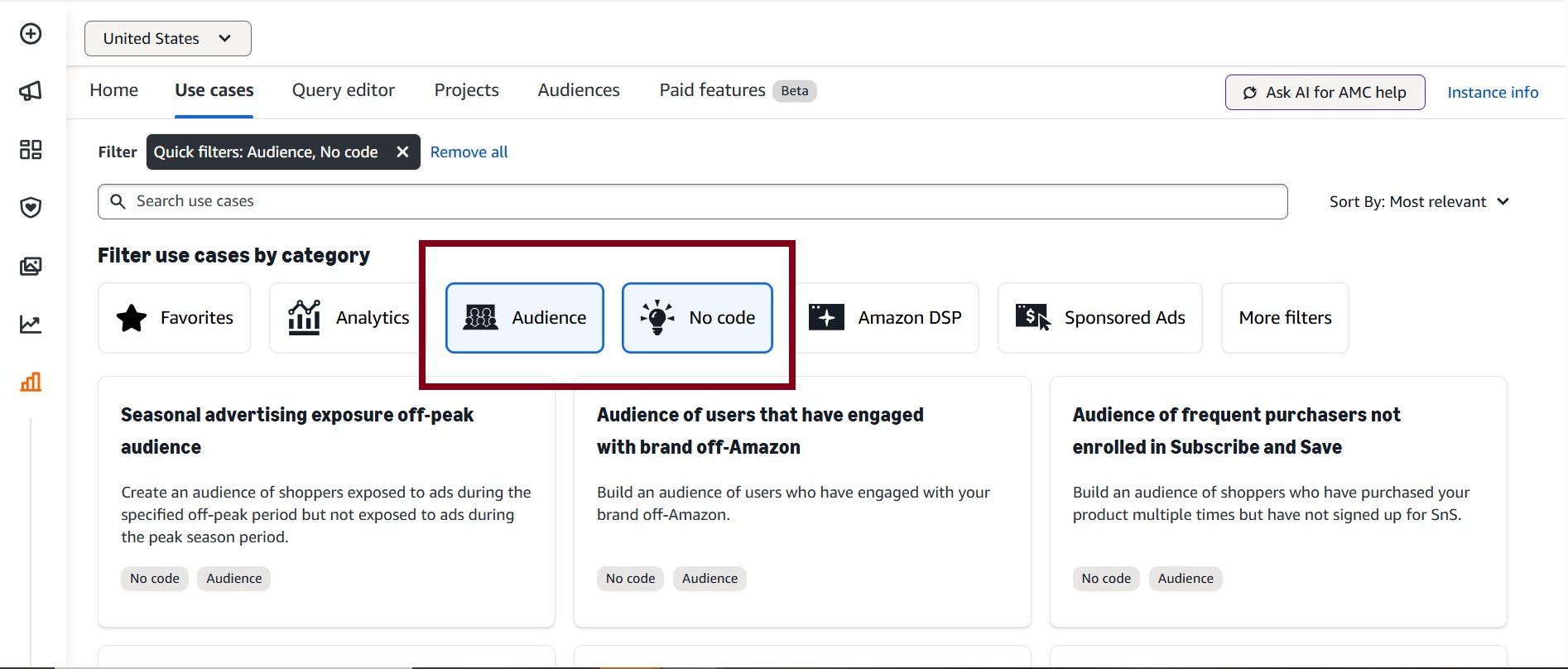 Amazon Marketing Cloud 'Use cases' page showing 'Audience' and 'No code' quick filters applied.