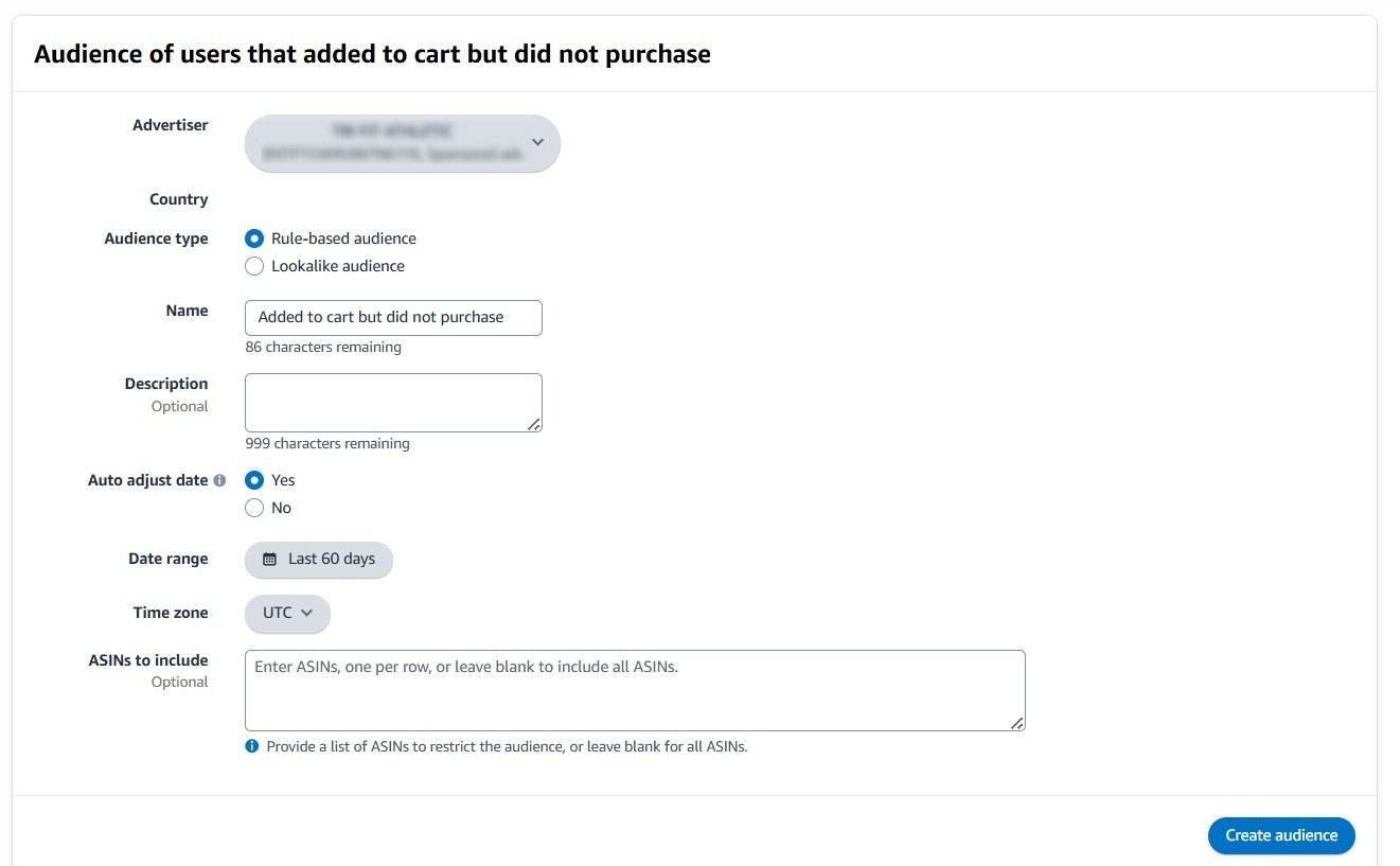 A form for creating an audience of users who added to cart but did not purchase, displaying various settings and input fields.