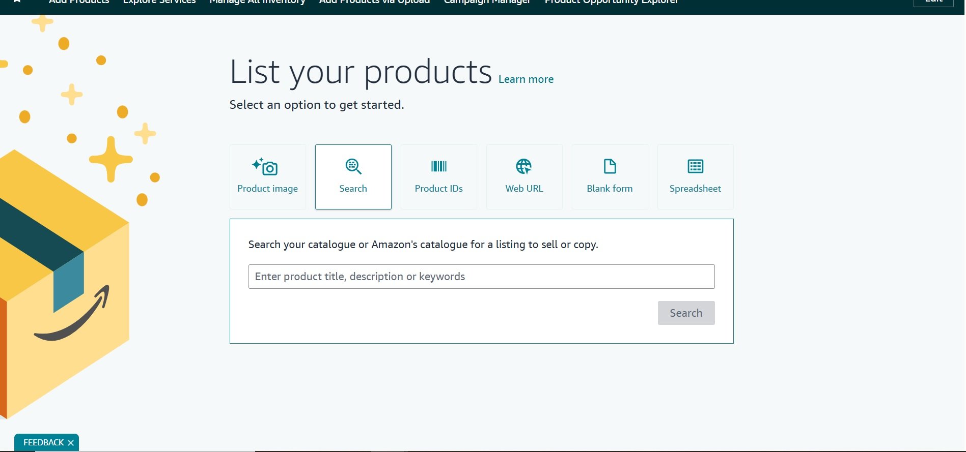 Amazon Seller Central 'List your products' page, showing the search option with a product search bar.
