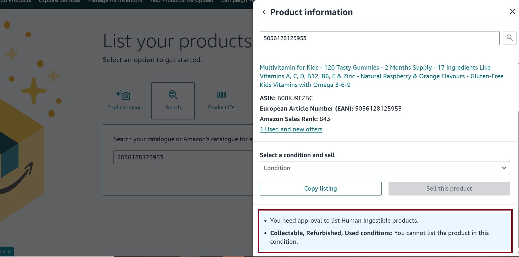 Amazon Seller Central displays product information for a multivitamin, showing EAN, ASIN, and listing restrictions.