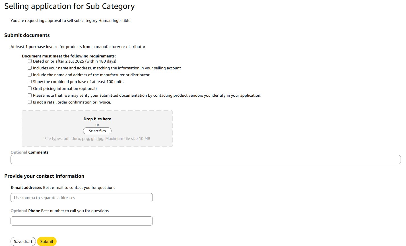 A web form for a selling application, detailing document submission requirements and contact information.