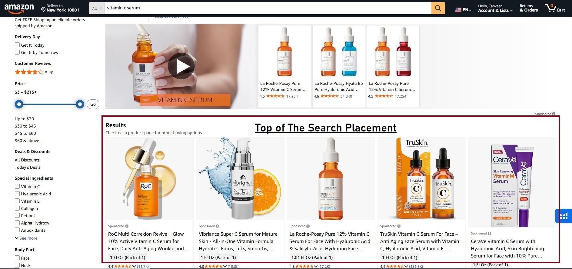 Amazon search results page for Vitamin C serum, featuring several sponsored product listings prominently.