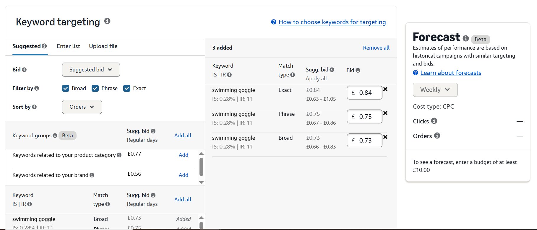 Amazon Ads keyword targeting interface showing suggested keywords, match types, bids, and a forecast panel.