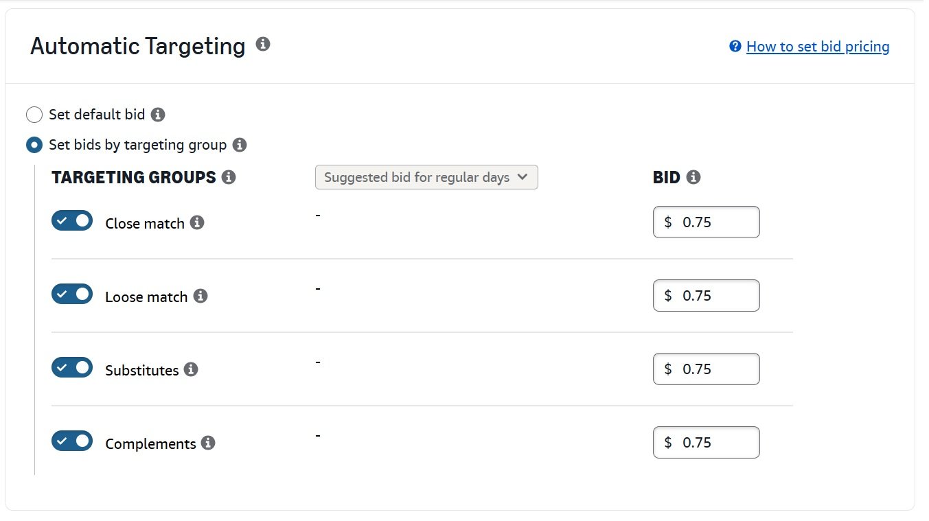 Automatic targeting settings for Amazon PPC, showing bid options for close match, loose match, substitutes, and complements.