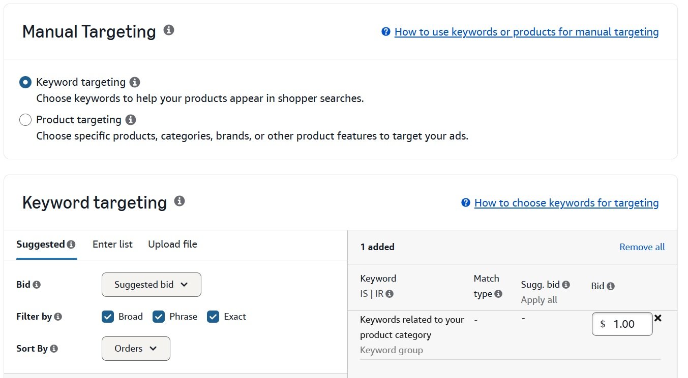 Screenshot of an advertising platform showing manual keyword targeting settings with bid and filter options.