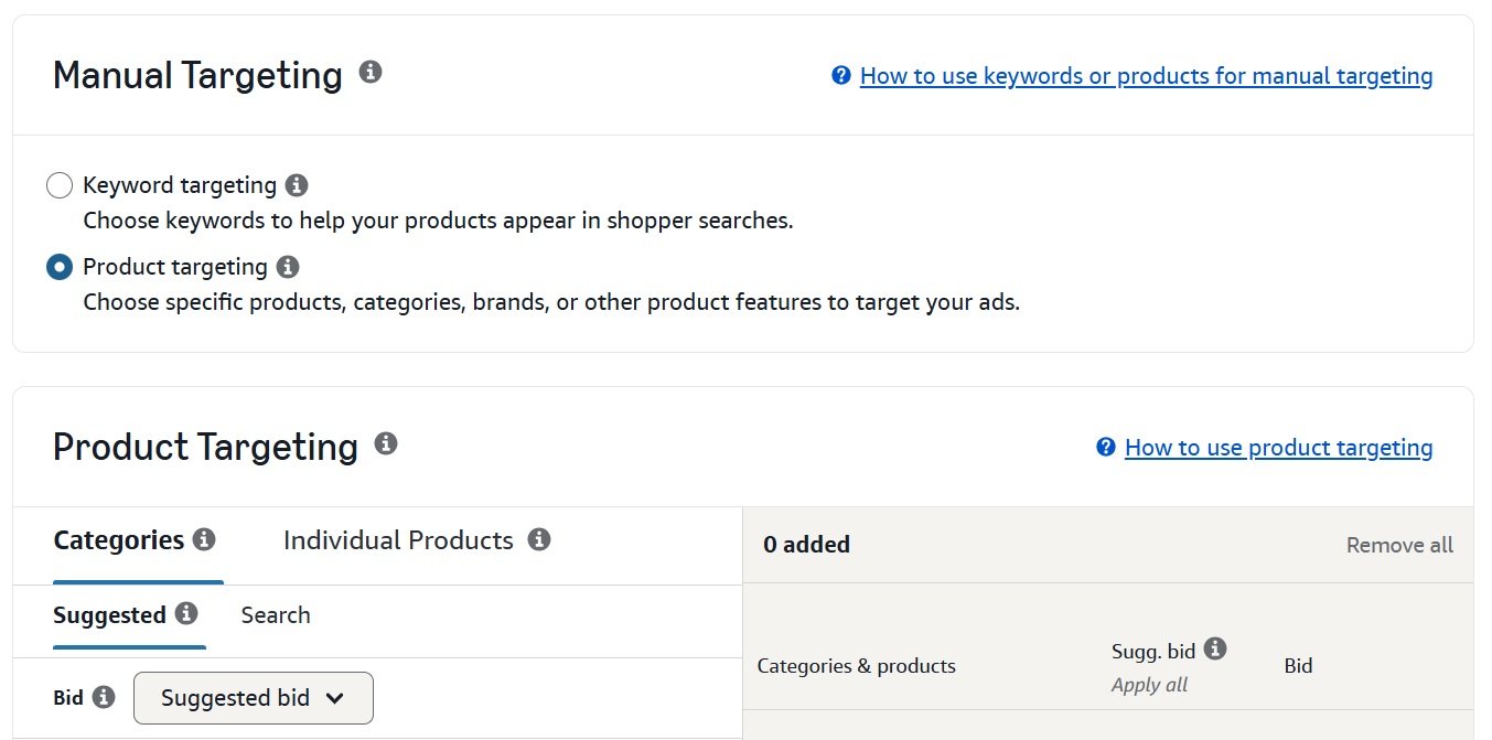 Manual targeting settings displaying product targeting options, categories, and bid preferences.
