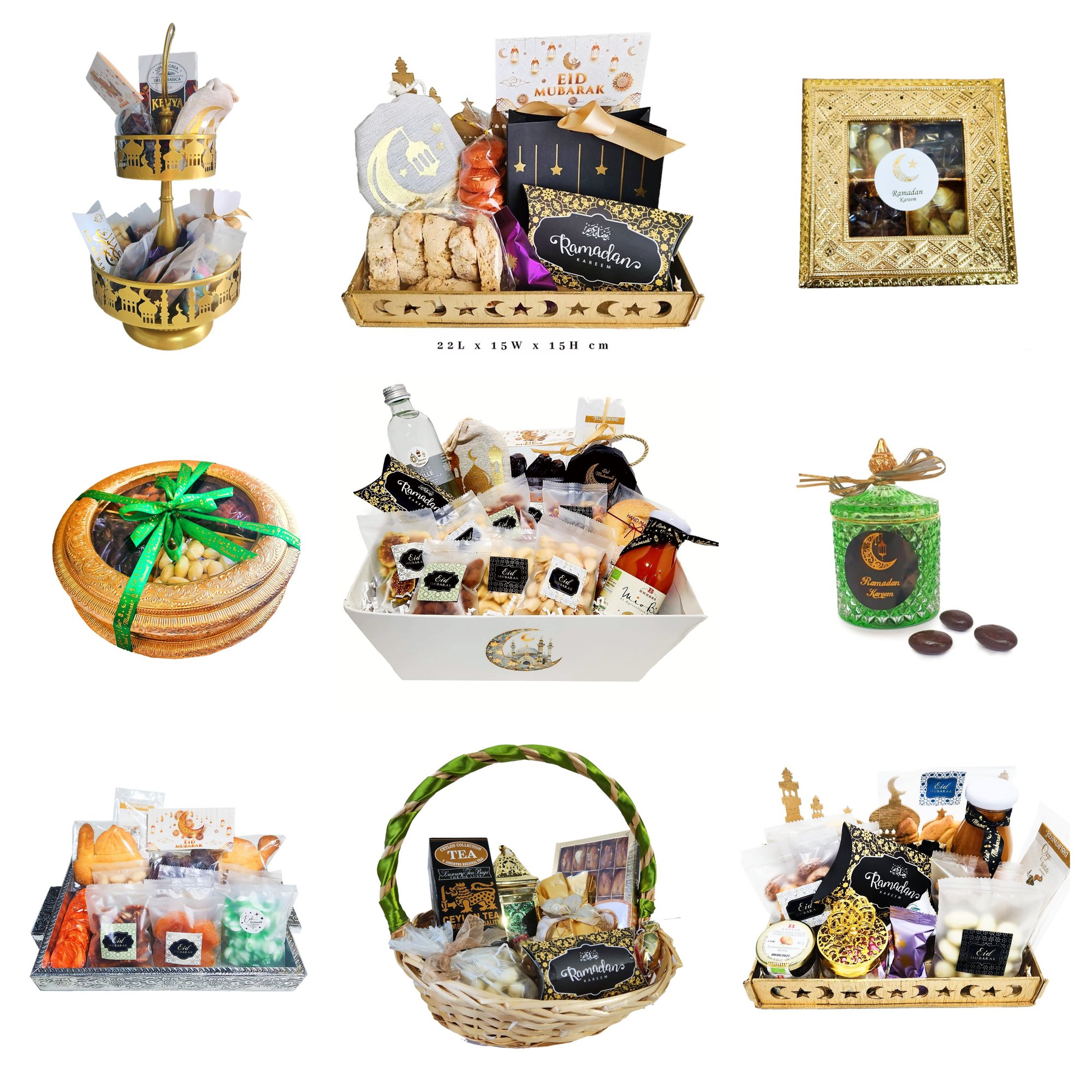 Gift baskets with Ramadan and Eid decorations, filled with sweets and snacks. Gold and green accents, labels visible, festive mood.