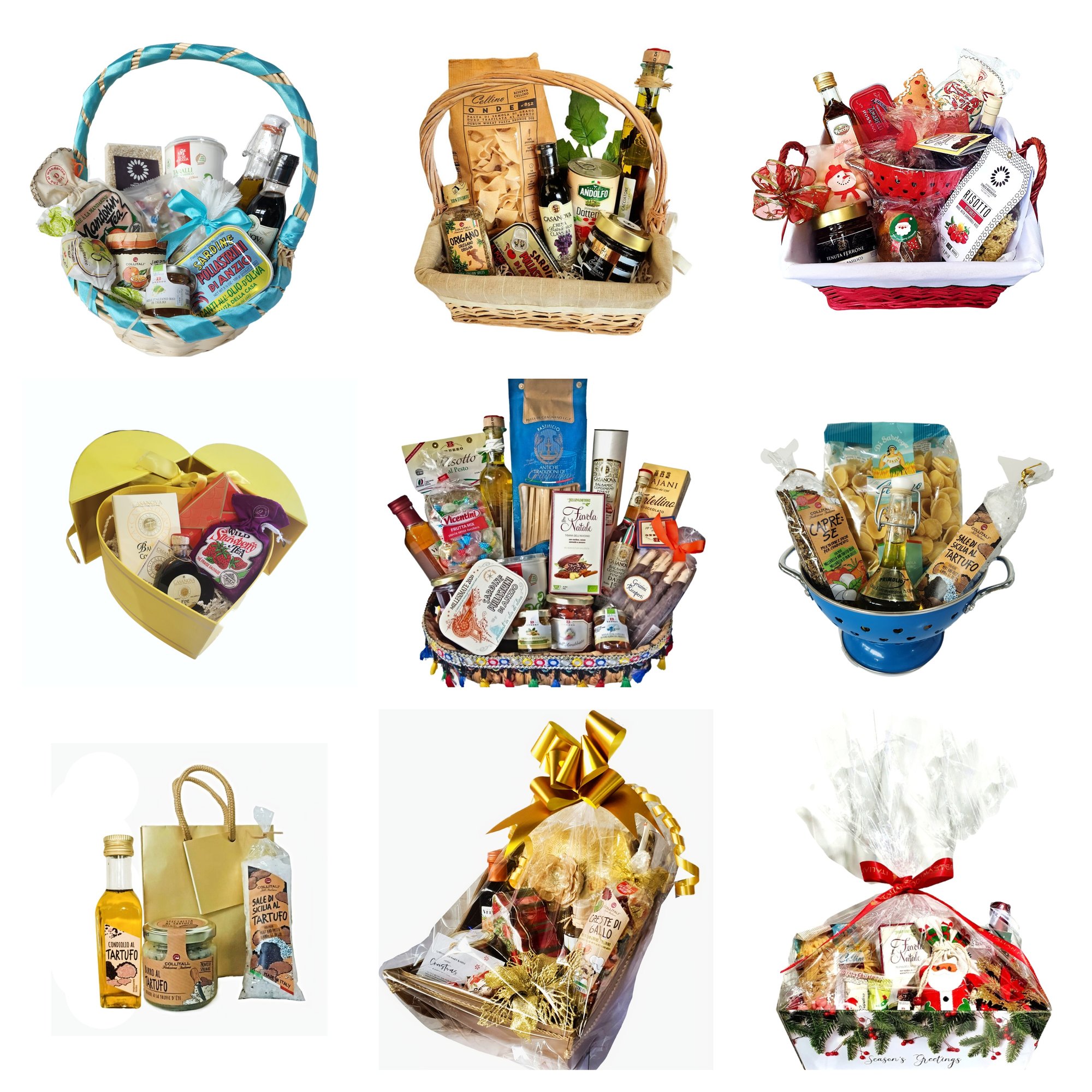 Nine gift baskets with various gourmet foods, bottles, and packaging in different colors and styles. Some baskets have ribbons or gift wrap.