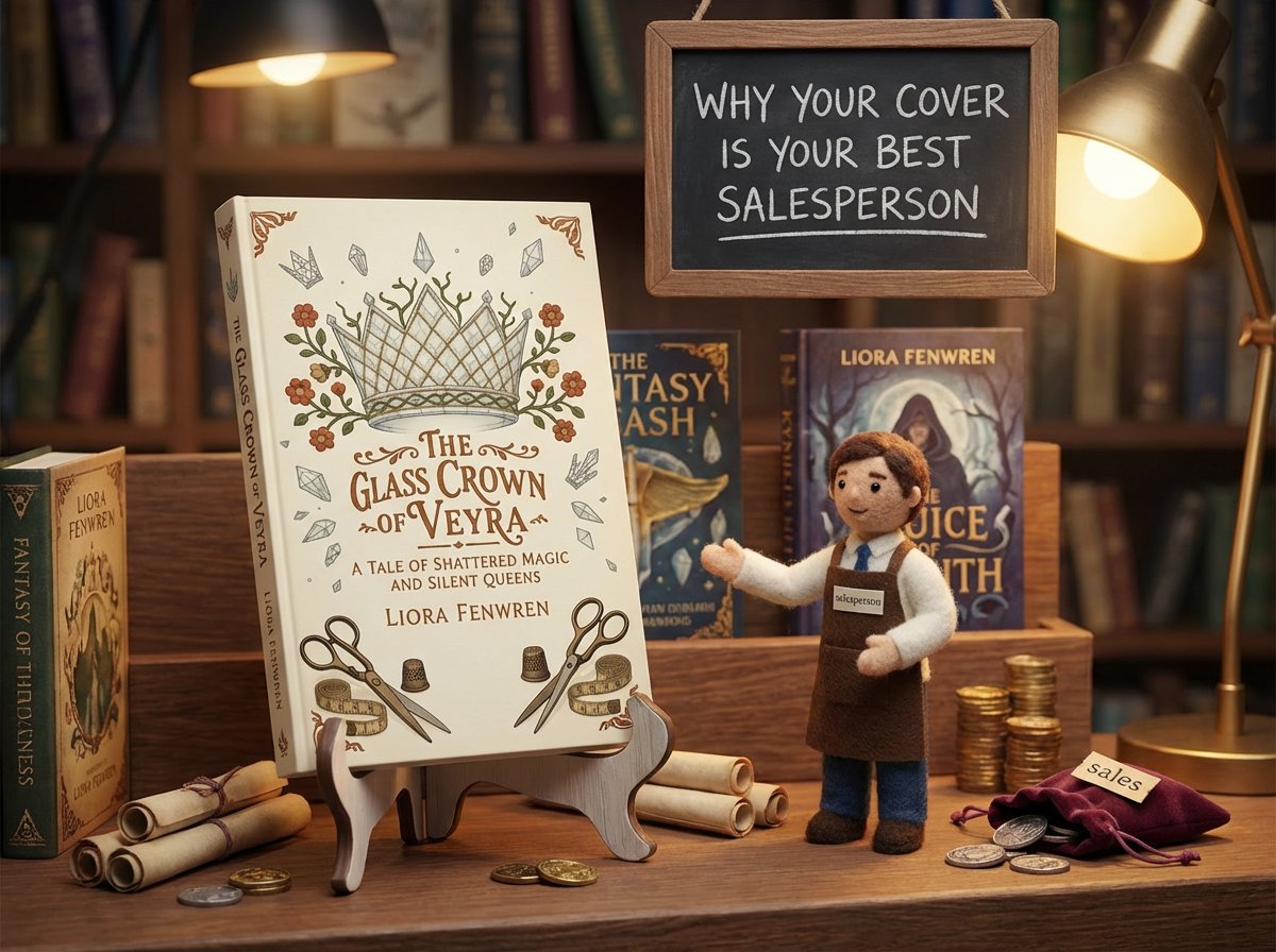 A whimsical book display features the fantasy novel The Glass Crown of Veyra by Liora Fenwren, with a cover illustrated with a jeweled crown, scissors, and sewing notions. A felted figure labeled “salesperson” stands beside the book, gesturing toward it, while a chalkboard sign above reads, “Why your cover is your best salesperson.” Gold coins, scrolls, and additional fantasy books enhance the cozy, bookstore-like setting