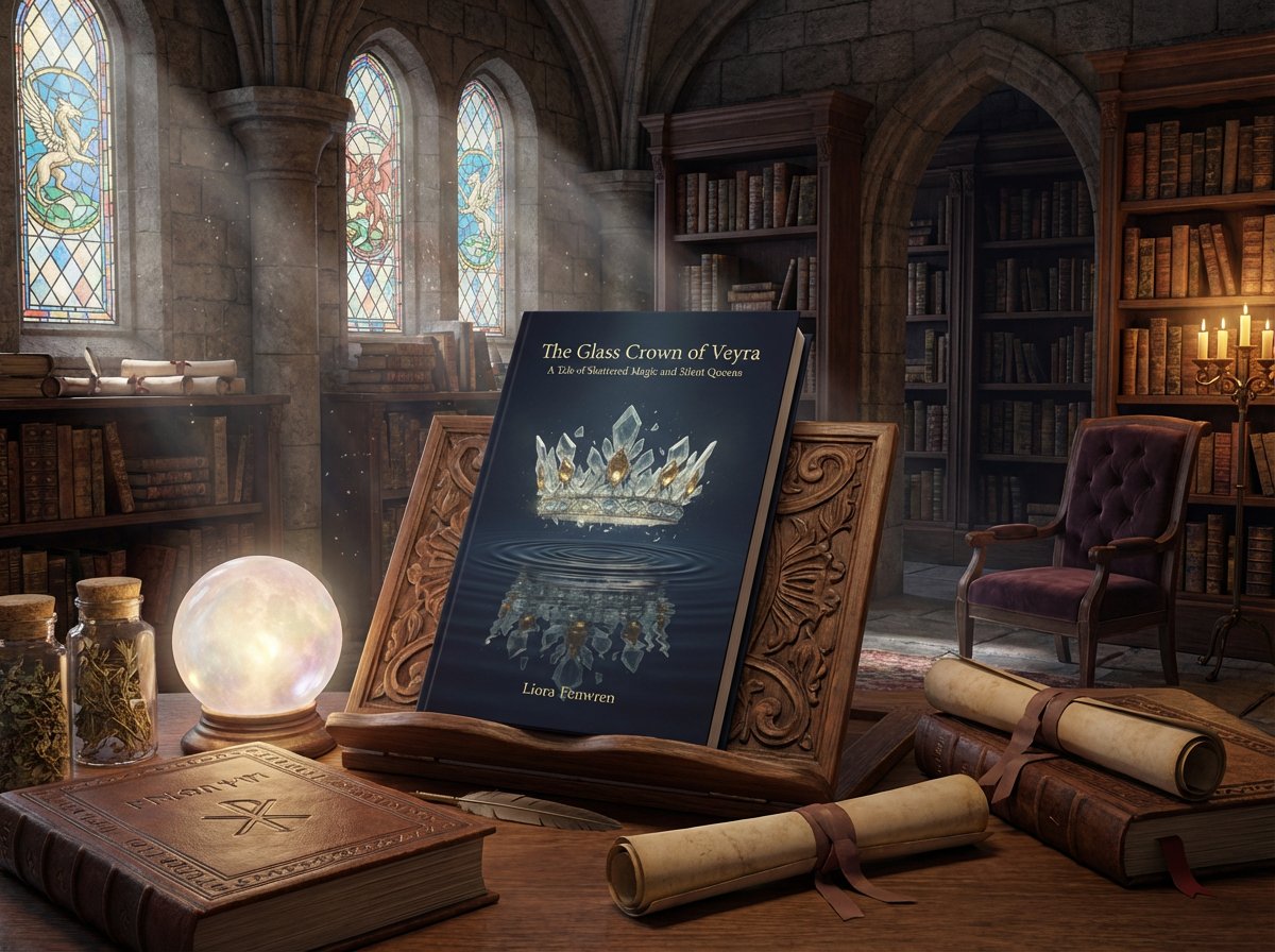 A fantasy novel titled The Glass Crown of Veyra by Liora Fenwren is elegantly displayed on an ornate wooden book stand inside a candlelit medieval library. The book cover features a shimmering crystal crown reflected in dark water, set against a deep blue background. Surrounding the book are rolled scrolls, an ancient leather-bound tome, potion jars, a glowing crystal ball, and gothic stained-glass windows casting soft light into the room.