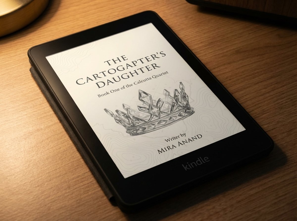 A Kindle e-reader displaying 'The Cartogapter's Daughter' book cover rests on a wooden table.