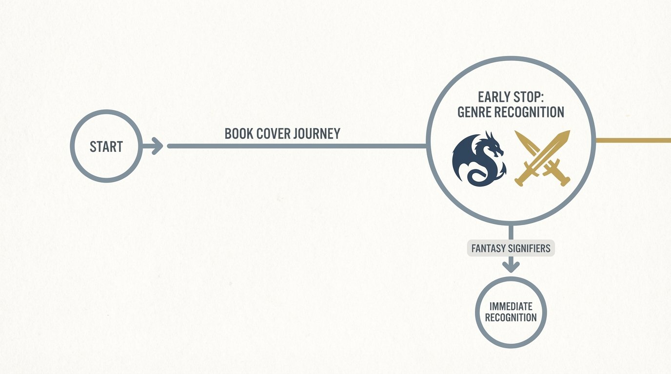 Minimalistic Infographic: Book cover visual journey, early stop: genre recognition. Iconic dragon/dagger icons, immediate fantasy signifiers.