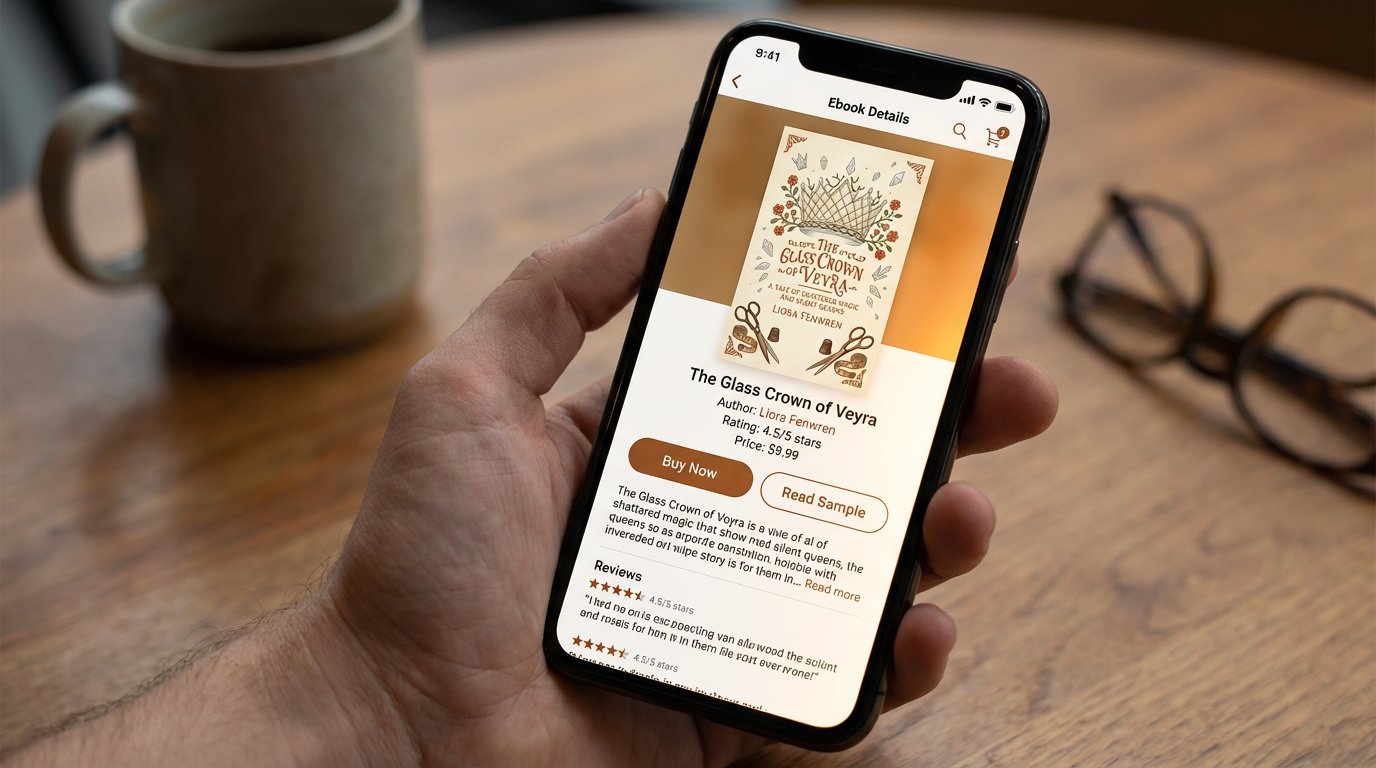 A person holds a smartphone displaying the ebook listing for The Glass Crown of Veyra by Liora Fenwren on a reading app. The screen shows the book cover, a 4.5-star rating, a $9.99 price, and buttons for “Buy Now” and “Read Sample.” A coffee mug and glasses rest on the wooden table in the background, suggesting a cozy reading moment.