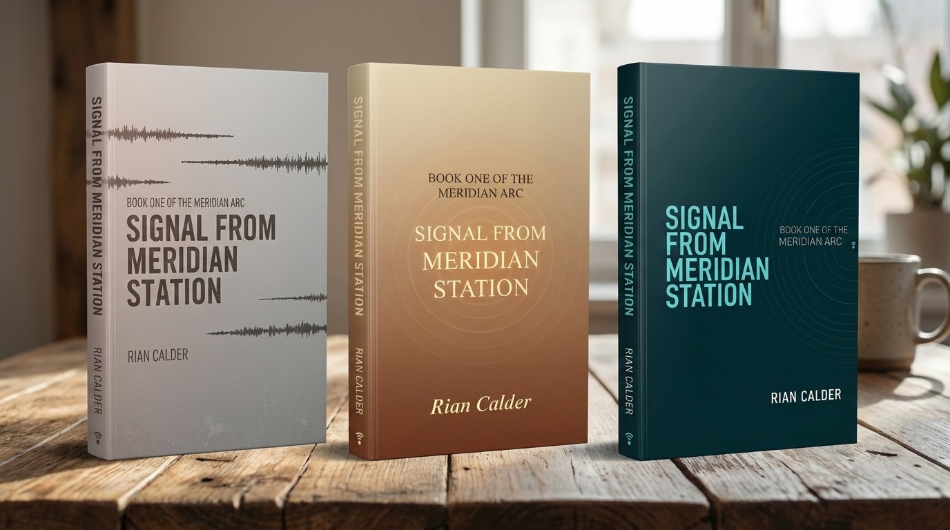 Three versions of Signal from Meridian Station by Rian Calder are displayed side by side on a wooden table, each offering unique book cover design inspiration. The designs include a minimalist gray cover with sound wave graphics, a warm gradient cover with concentric circles, and a modern dark teal cover with clean typography and signal lines, all under the series title Book One of the Meridian Arc.