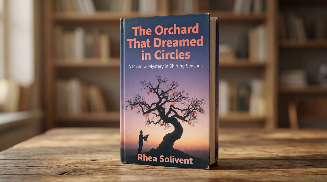 A hardcover copy of The Orchard That Dreamed in Circles by Rhea Solivent stands upright on a rustic wooden table, set against a softly blurred library backdrop. The cover shows a lone figure reading beneath a twisted tree bearing glowing orange fruit, silhouetted against a warm, gradient sky at dusk. The subtitle reads “A Pastoral Mystery in Shifting Seasons,” hinting at the book’s contemplative and atmospheric tone.