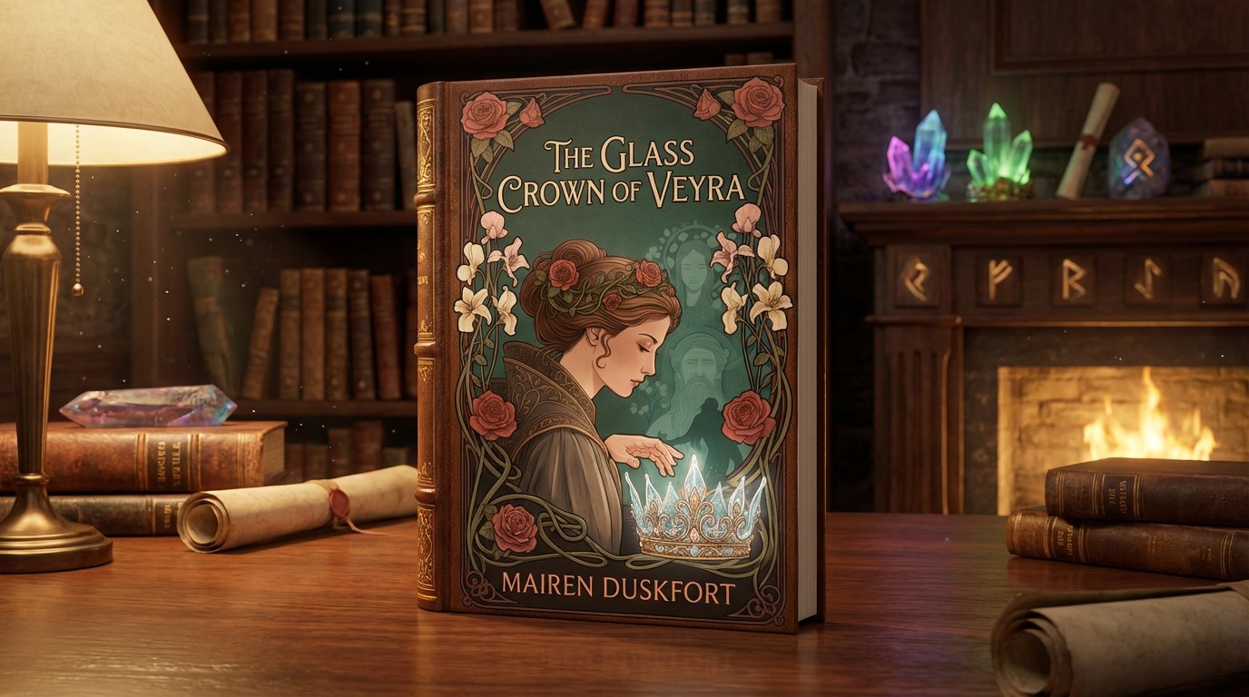 A richly illustrated edition of The Glass Crown of Veyra by Mairen Duskfort stands upright on a wooden desk in a warmly lit library. The cover features an Art Nouveau–style portrait of a woman with braided hair and flower accents, reaching toward a glowing crystal crown, surrounded by roses and ghostly figures in the background. The cozy setting includes scrolls, old books, a glowing crystal, and a fireplace with runes carved into the mantel.