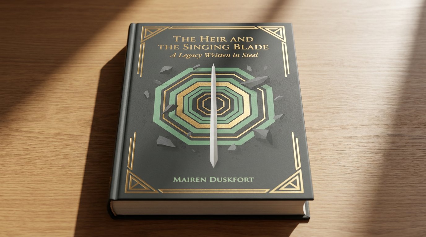 A book titled "The Heir and The Singing Blade" with a green and gold geometric design, resting on a wooden surface.