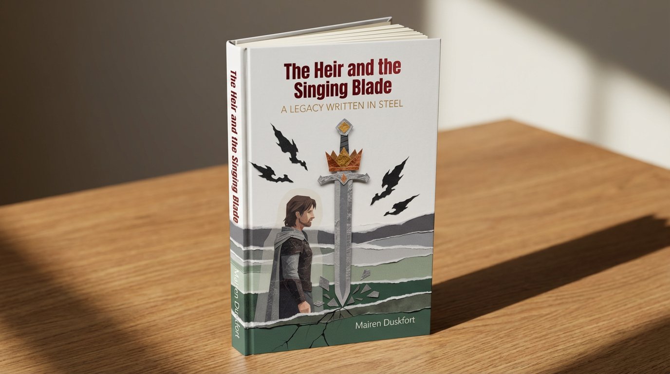 A hardback edition of The Heir and the Singing Blade by Mairen Duskfort stands upright on a wooden table in soft natural light. The cover shows a bearded man in medieval attire facing a giant sword embedded in cracked earth, with a golden crown resting on the blade and black birds flying overhead. The tagline “A Legacy Written in Steel” appears beneath the bold red title, hinting at a fantasy adventure rooted in destiny.