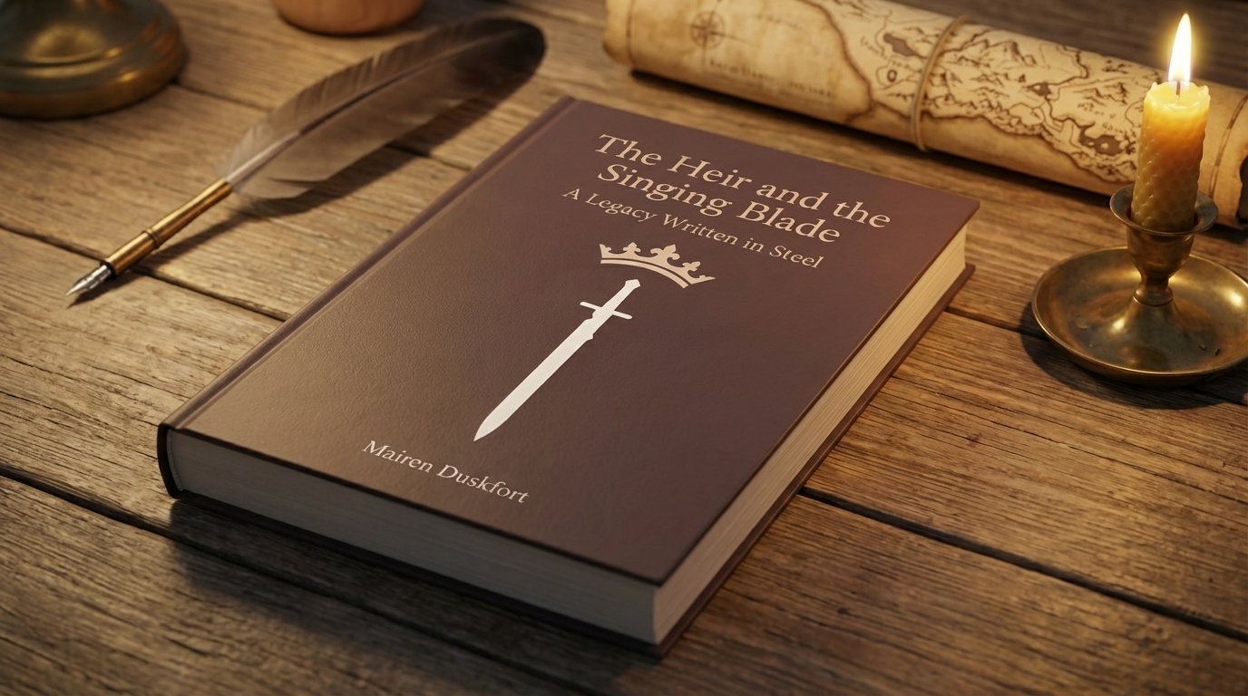A hardcover edition of The Heir and the Singing Blade by Mairen Duskfort lies on a rustic wooden table, lit warmly by candlelight. The minimalist cover design features a white silhouette of a sword beneath a crown on a deep brown background, with the subtitle A Legacy Written in Steel above. Surrounding the book are a feather quill, rolled map, brass candleholder, and hints of old-world adventure.