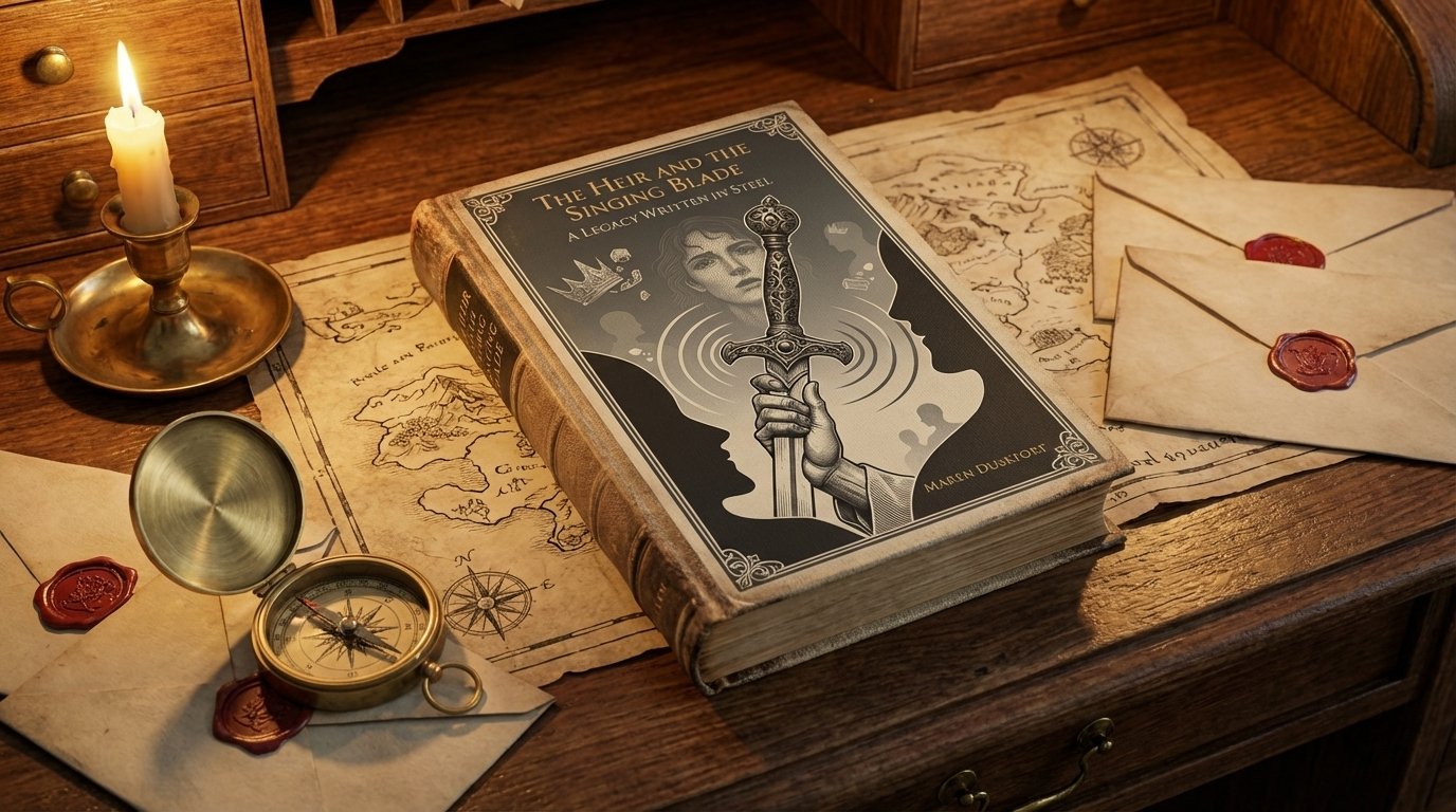 An ornate vintage-style edition of The Heir and the Singing Blade by Mairen Duskfort lies atop a weathered map on a wooden writing desk. The grayscale cover features a stylized illustration of a determined figure gripping a decorated sword, with swirling silhouettes, a crown, and symbols of legacy in the background. The scene is lit by candlelight and surrounded by wax-sealed envelopes, a brass compass, and other explorer’s tools, evoking a timeless fantasy adventure.