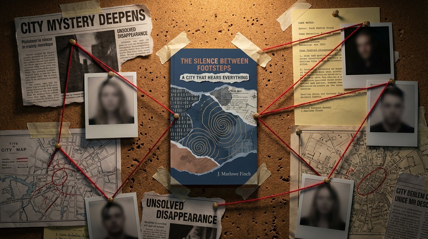 A copy of The Silence Between Footsteps by J. Marlowe Finch is pinned to the center of a corkboard styled as a crime investigation board. Red string connects the book to blurry photographs, newspaper clippings with headlines like “Unsolved Disappearance” and “City Mystery Deepens,” handwritten case notes, and marked city maps. The setup evokes a suspenseful, mystery-driven narrative set in a city that hears everything.