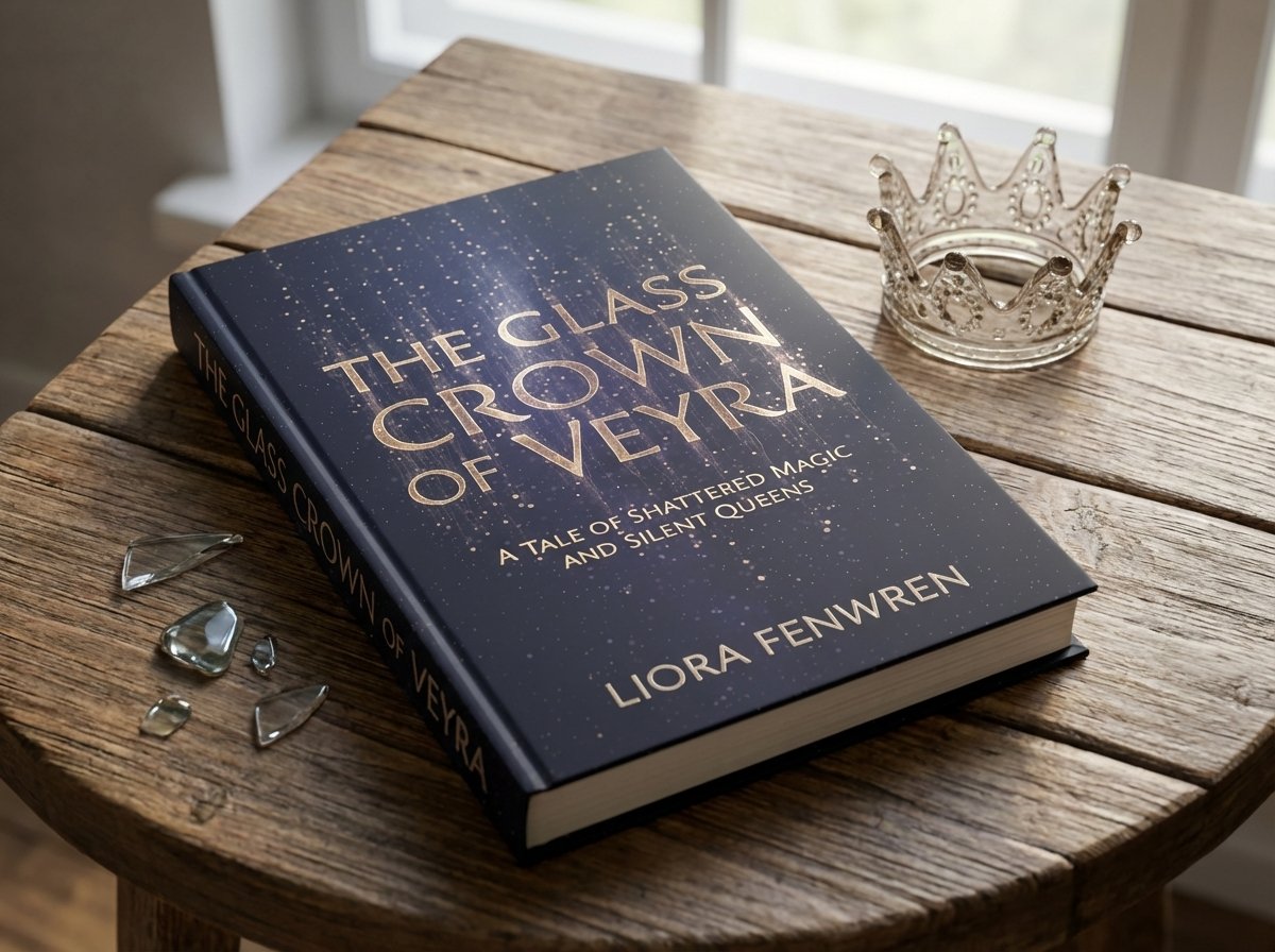 A hardcover edition of The Glass Crown of Veyra by Liora Fenwren rests on a rustic wooden table beside a delicate glass crown and scattered shards, symbolizing the book’s theme of shattered magic. The deep blue cover with golden constellations showcases elegant typography, offering a striking example of what makes a good cover in fantasy fiction.