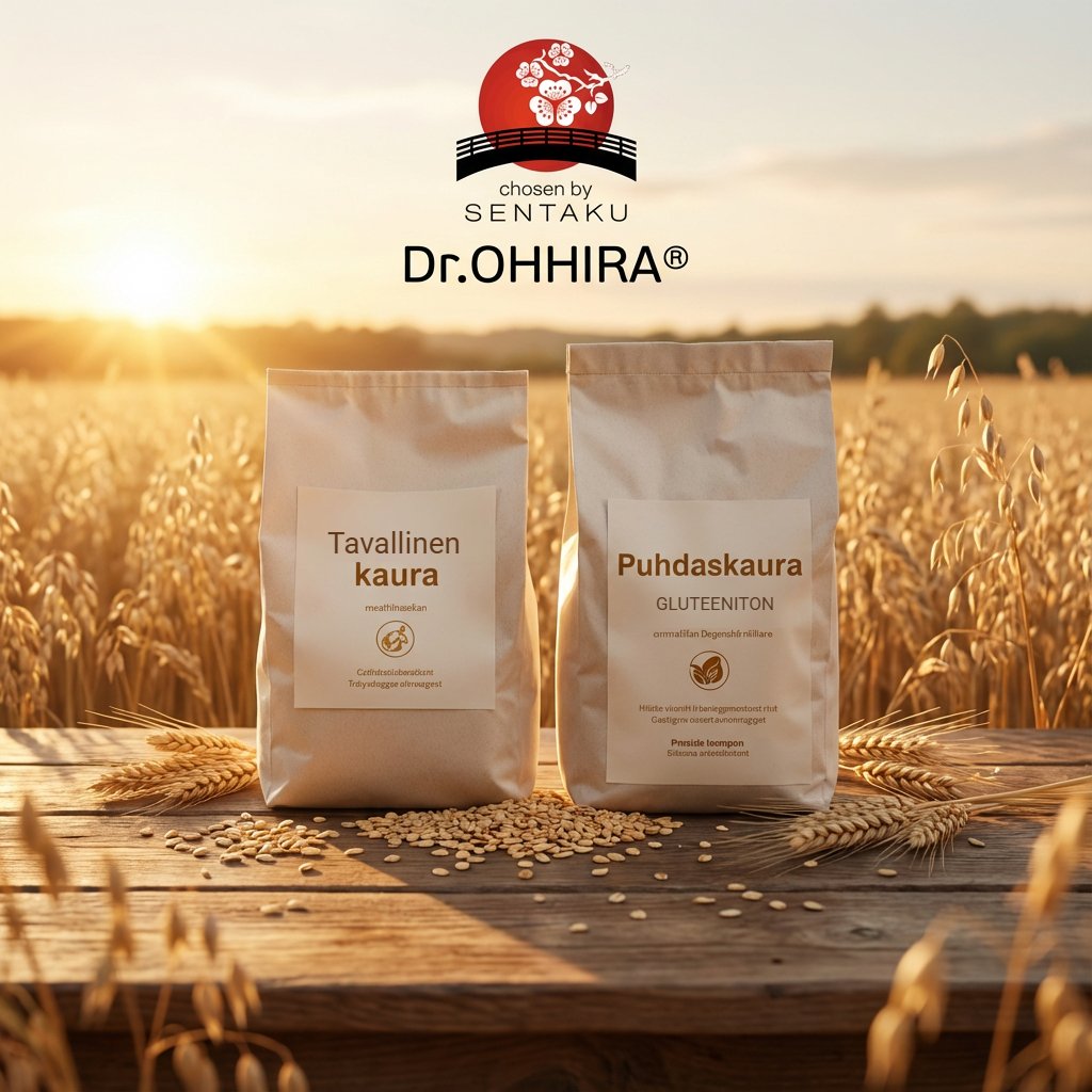 Kaksi kauralajiketta, tavallinen ja puhdas, auringonpaisteessa jyvien ja tähkien keskellä puupöydällä.