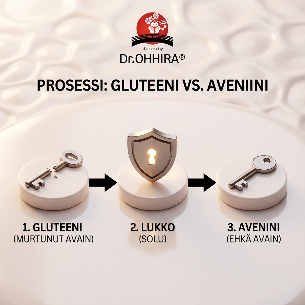 Kuvassa gluteenin ja aveniinin vertailuprosessi, esitetty avain- ja lukkometaforana solulle.