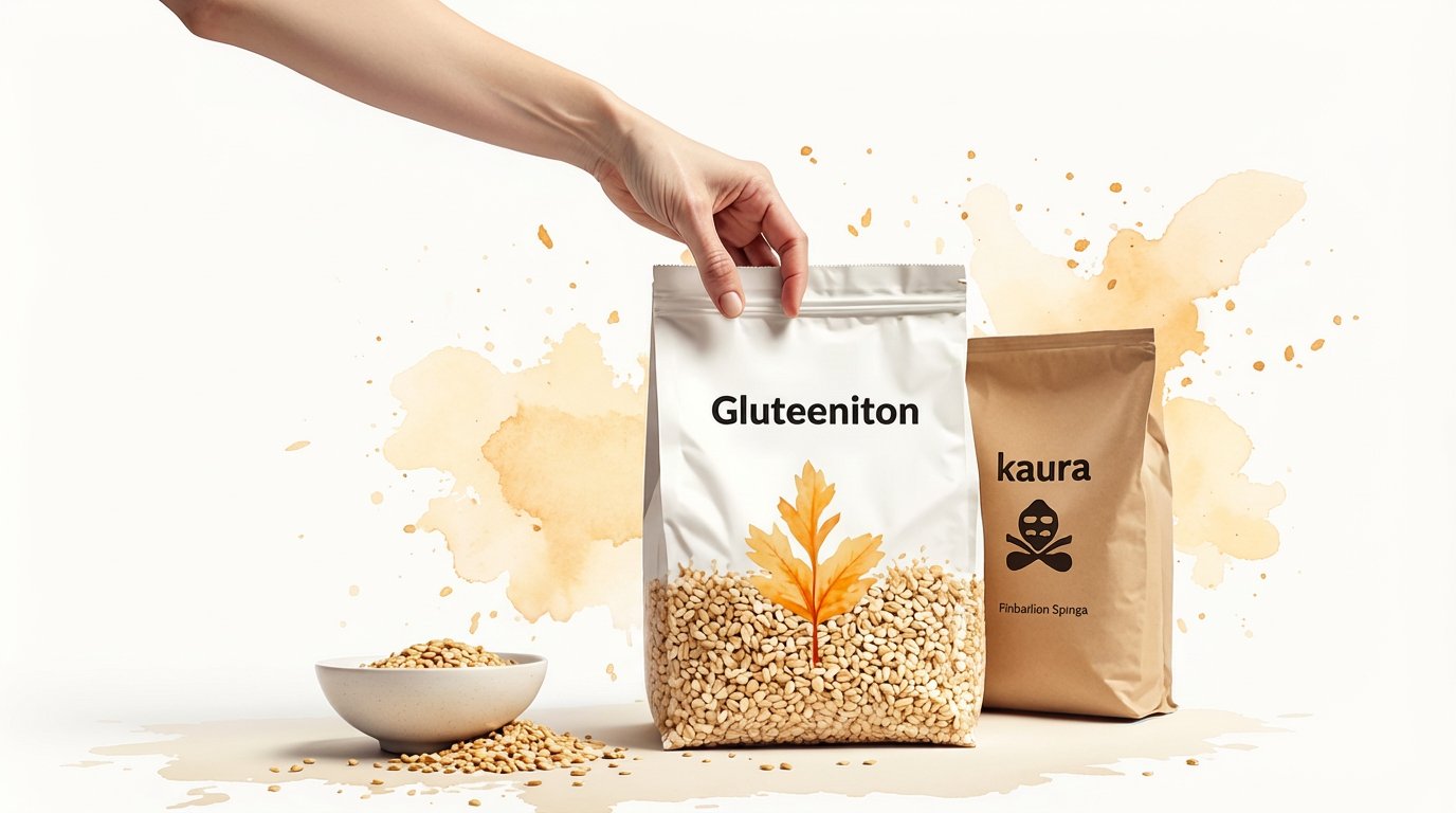 Käsi pitää Gluteeniton-pussia viljan kanssa. Vieressä kaura-pussi ja viljakulho.