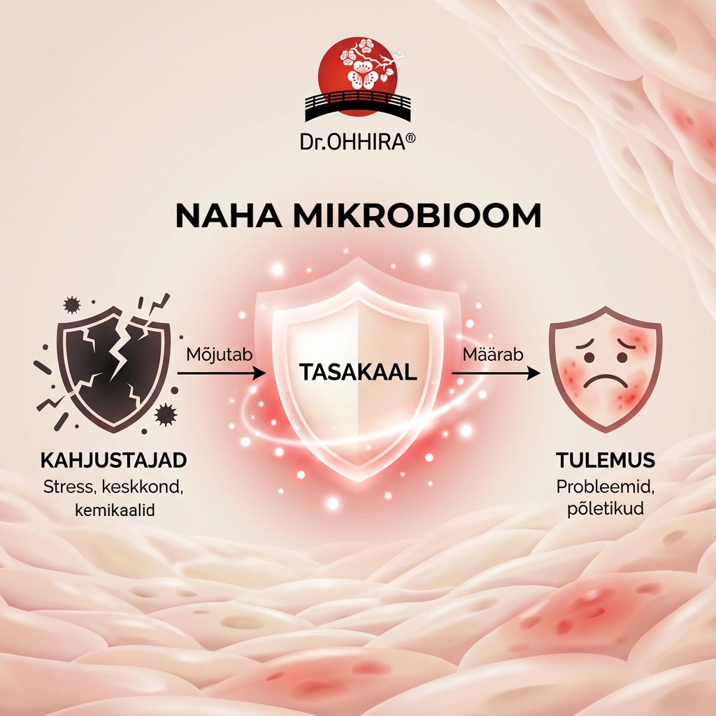 Skeem näitab, kuidas stress, keskkond ja kemikaalid mõjutavad naha mikrobioomi tasakaalu, põhjustades probleeme ja põletikke.