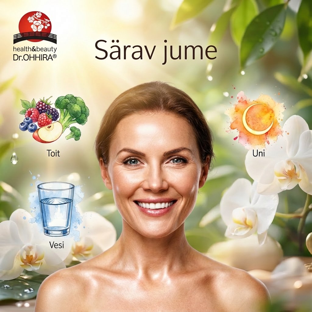 Naine naeratamas, ümbritsetud elementidega nagu toit, vesi ja uni, mis viitavad säravale jumele.