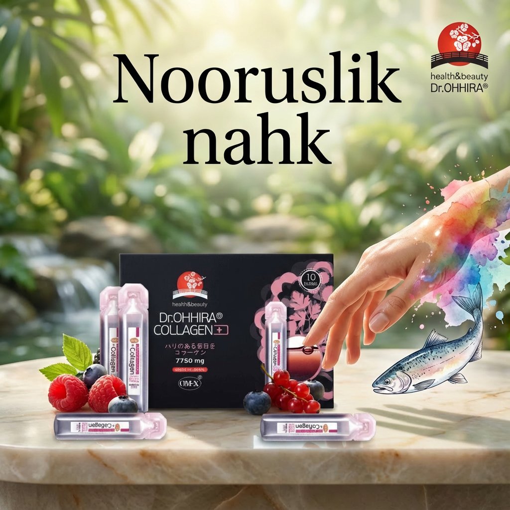 Pilt tutvustab Dr.OHHIRA® COLLAGEN+ nahahooldustoodet koos marjade ja kalaga, rohelise aia taustal, rõhutades nooruslikku nahka.