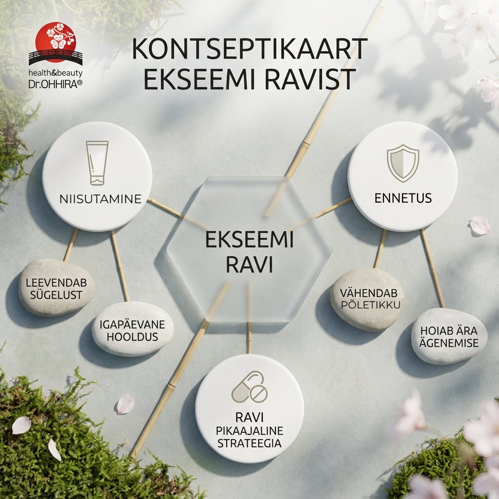 Kontseptuaalne kaart ekseemi ravi strateegiatest, rõhutades niisutamist, ennetust ja pikaajalist hooldust.