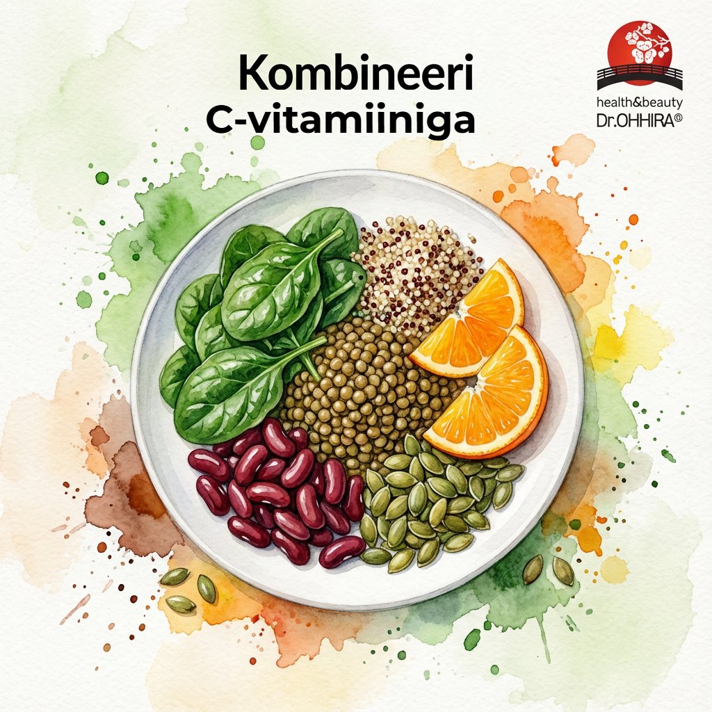 Valge taldrik spinati, läätsede, ubade, seemnete ja apelsiniga. Tekst: Kombineeri C-vitamiiniga.