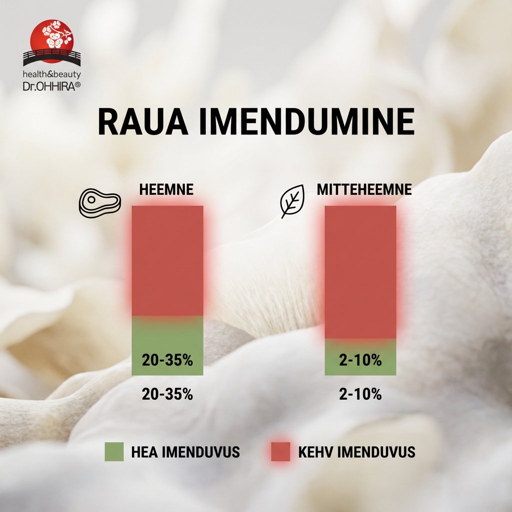 Graafik raua imendumise kohta, võrreldes heemse raua (liha) ja mitteheemse raua (taimne) imendumisprotsente.
