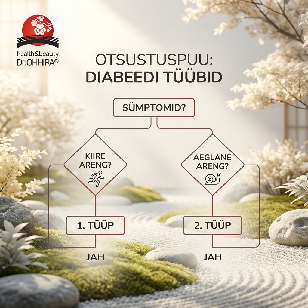 Diabeedi tüüpide otsustuspuu sümptomite ja arengu kiiruse alusel, Jaapani aia taustal.