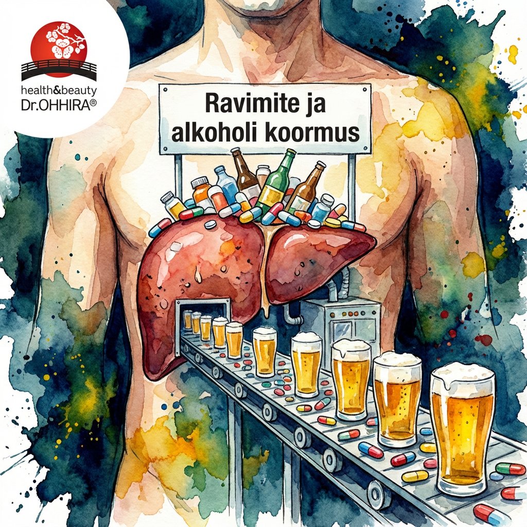 Kunstiline pilt inimkehast, mille maks töötleb ravimeid, tablette ja alkoholi, mis liiguvad mööda konveierilinti.