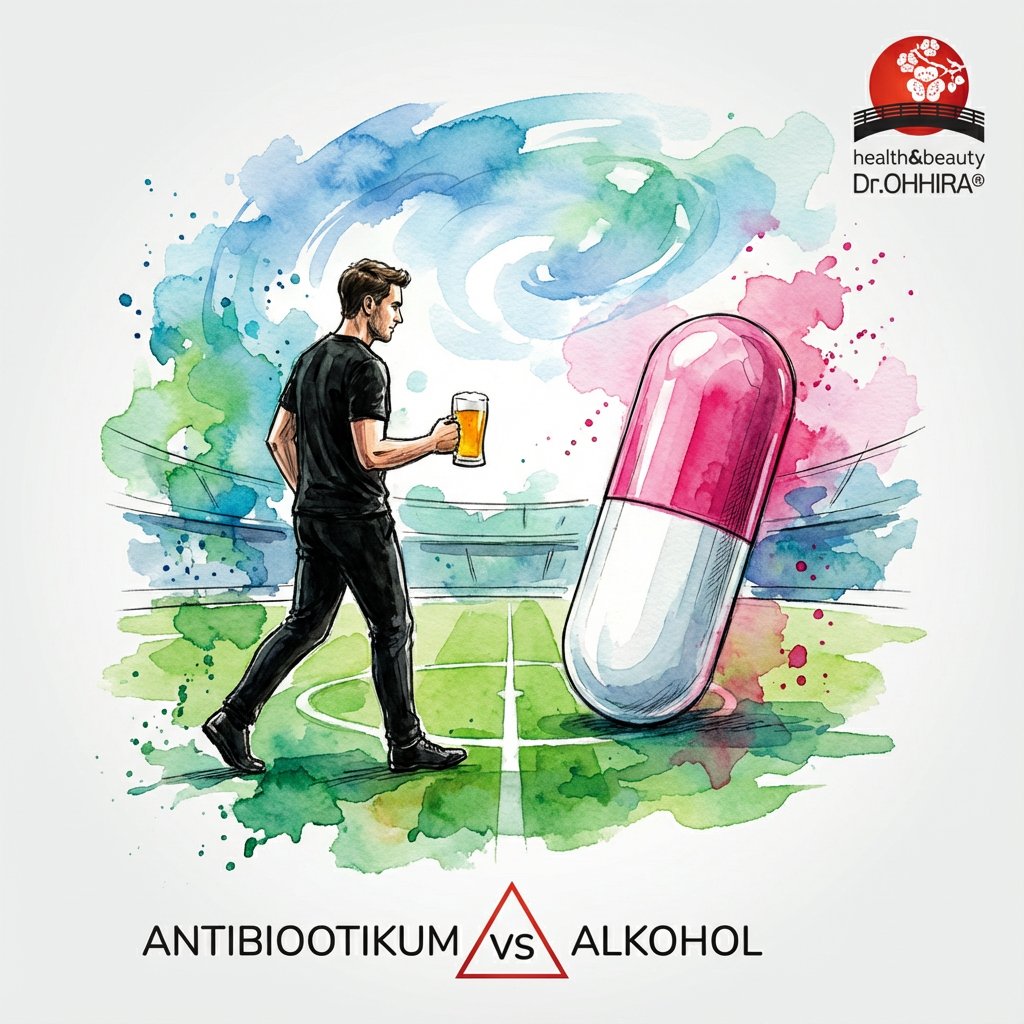 Kujutis näitab meest õllega ja suurt pilli, teksti "Antibiootikum vs Alkohol" spordiväljal.