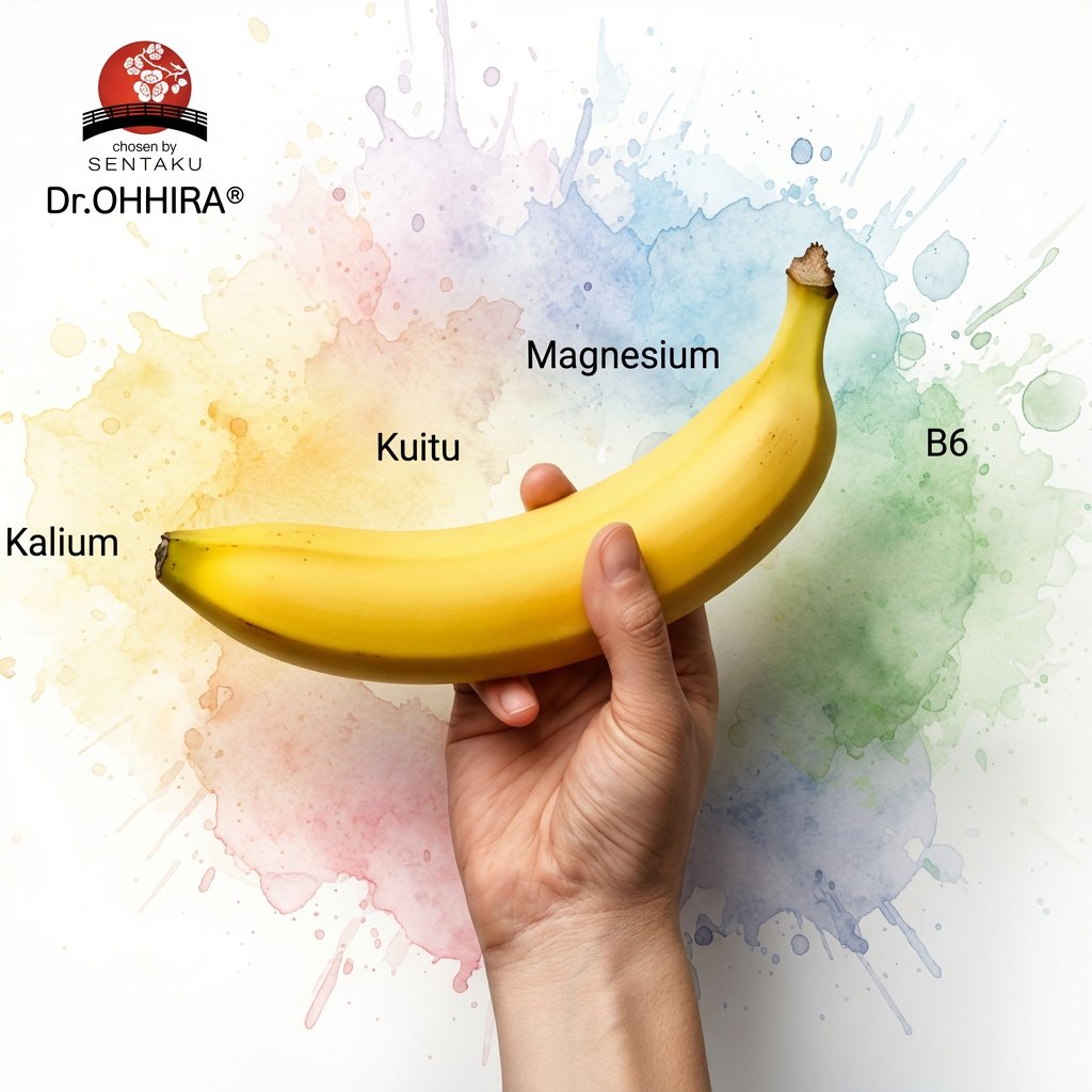 Käsi pitää banaania, jossa on merkitty kalium, kuitu, magnesium ja B6. Taustalla värikkäitä roiskeita.