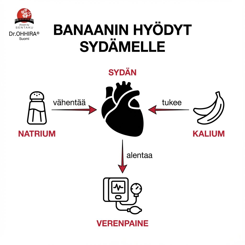 Infografiikka, joka kuvaa banaanin terveyshyötyjä sydämelle, vähentäen natriumia ja alentaen verenpainetta kaliumin avulla.