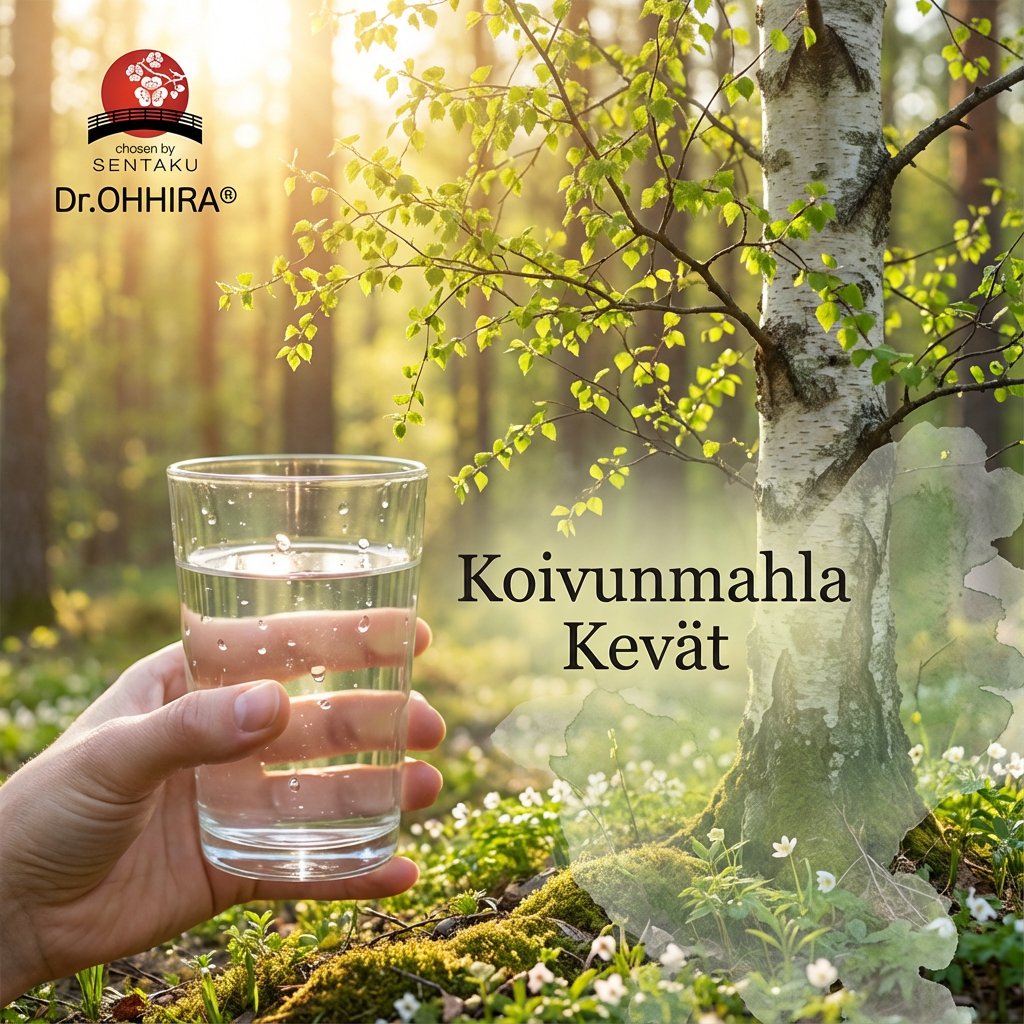 Käsi pitää vesilasia aurinkoisessa koivumetsässä. Teksti: Koivunmahla Kevät, Dr.OHHIRA.