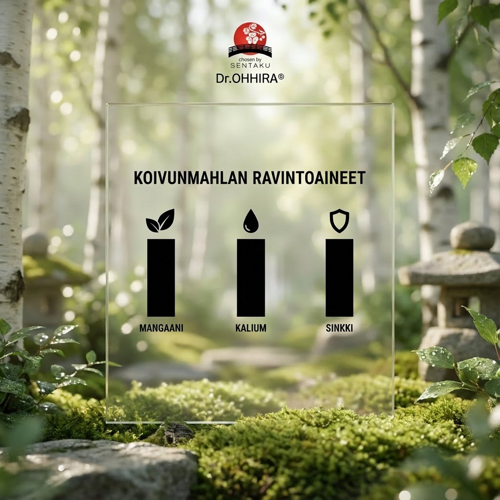 Lasipaneeli koivujen keskellä esittelee koivunmahlan ravinteita: mangaania, kaliumia ja sinkkiä.