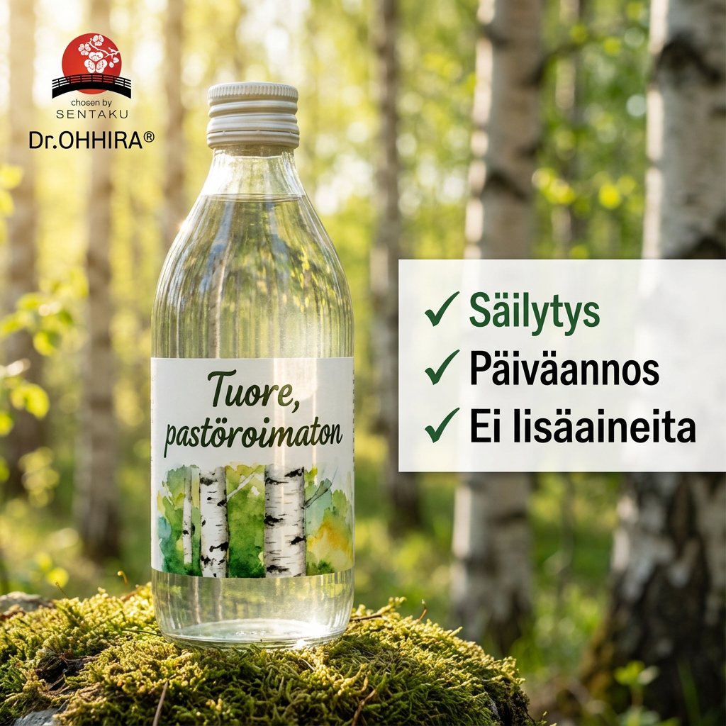 Kuva pullosta, jossa on koivun mahlaa, sammaleisella kannolla metsässä. Etiketissä lukee 'Tuore, pastöroimaton' ja tuotteen ominaisuuksia.