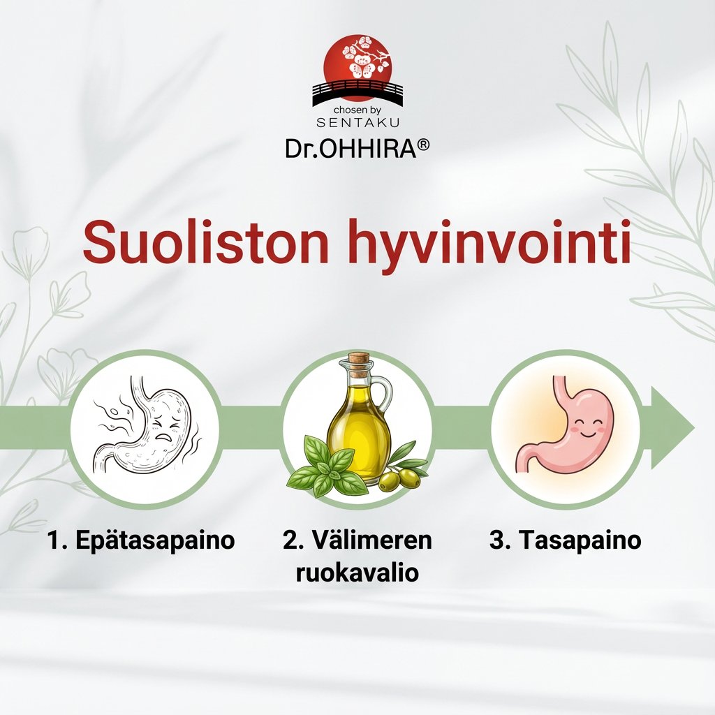 Kuvassa näytetään suoliston matka epätasapainosta tasapainoon Välimeren ruokavalion avulla.