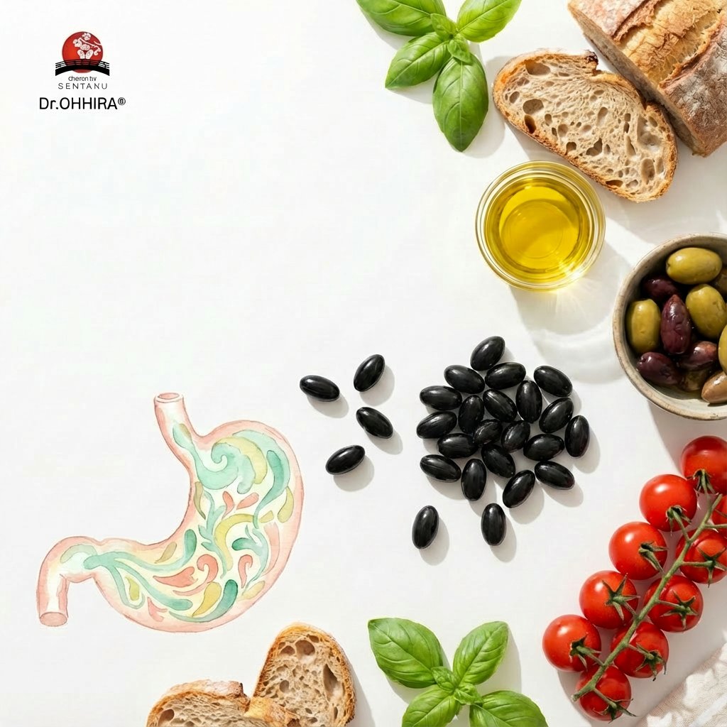 Kuvassa vatsan kuvitus, mustia kapseleita, tuoretta leipää, oliiveja, oliiviöljyä ja tomaatteja.