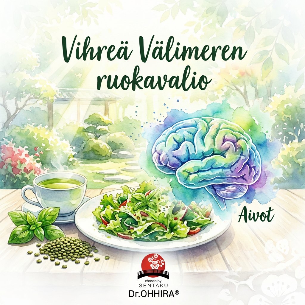 Akvarellikuva esittää vihreää Välimeren ruokavaliota, joka tukee aivojen terveyttä luonnollisessa ympäristössä.